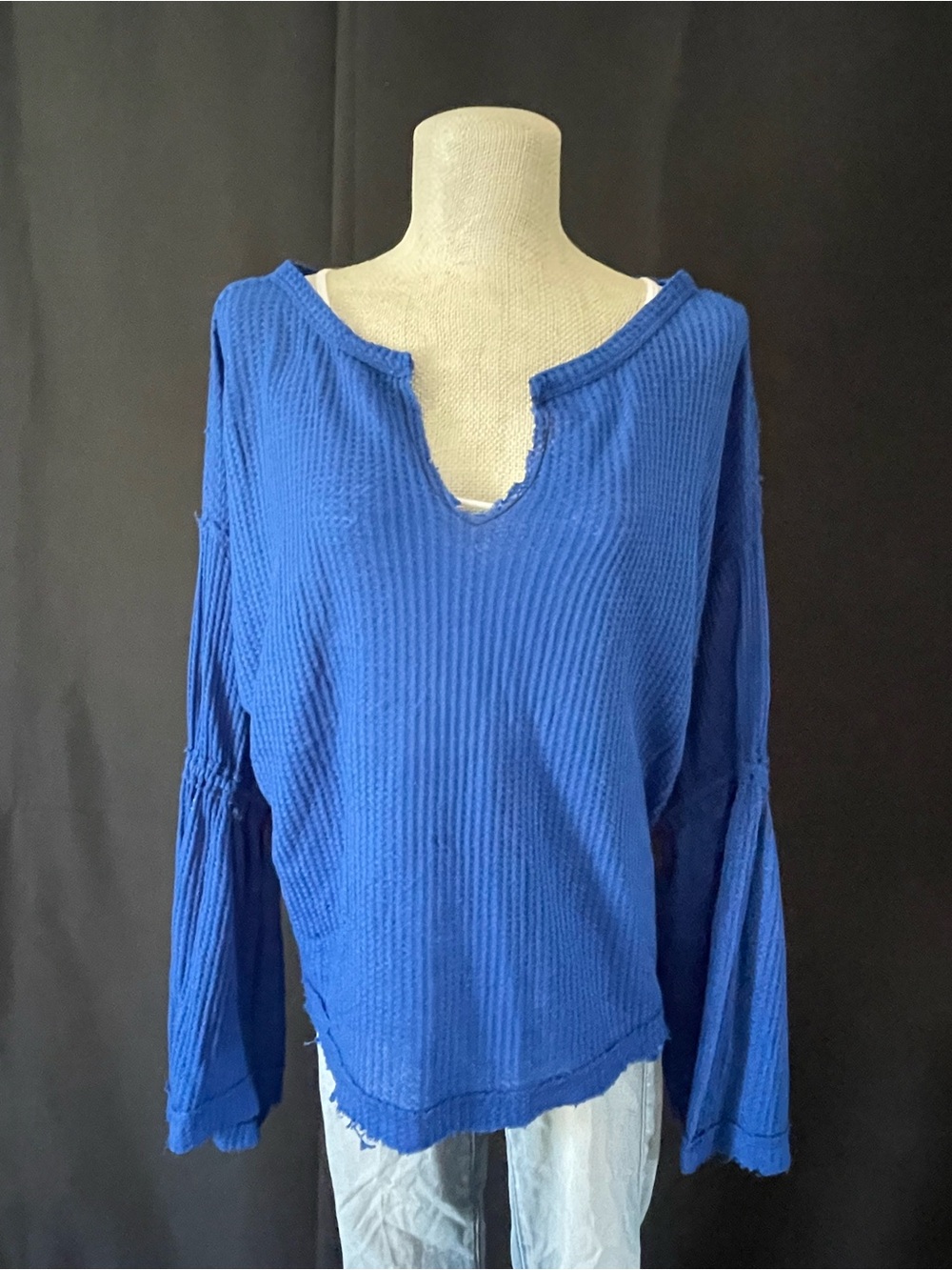 We The Free Royal Blue Waffle-Knit Long Sleeve Top